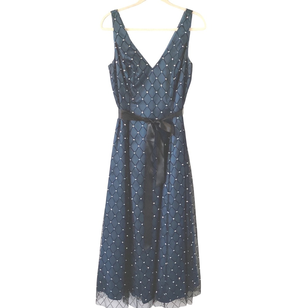 Chadwicks Blue V‎ Neck Embellished Mesh Overlay Midi Dress Size 10